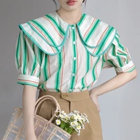 qoerlin 2022 summer chiffon blouse short sleeve women shirts big turn down collar loose single breasted green striped tops shirt
