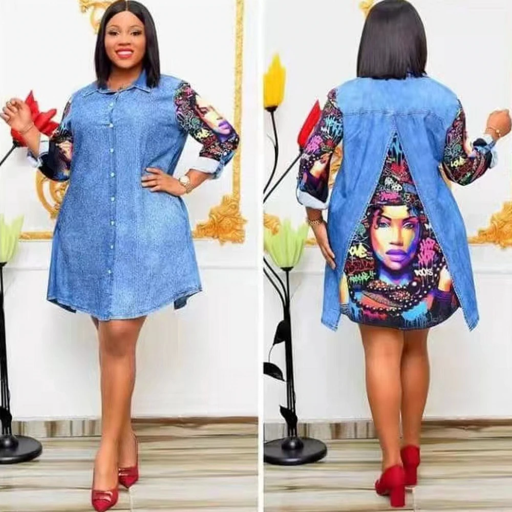 

African Dresses For Women 2022 Spring Autumn Africa Clothing Dashiki Denim Diamonds New Style Dress Fashion Africaine Femme