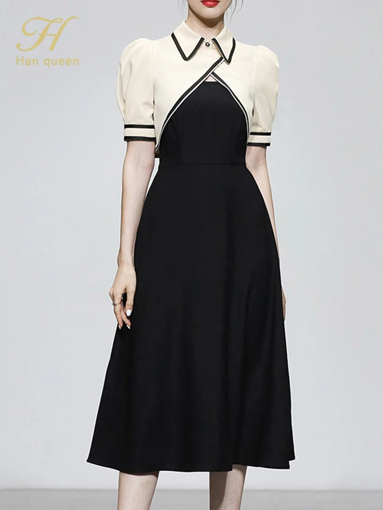

H Han Queen 2022 New Summer Dresses Korean Retro 2 Pieces Color Matching Vestidos Fashion Slim A-Line Party Casual Office Dress