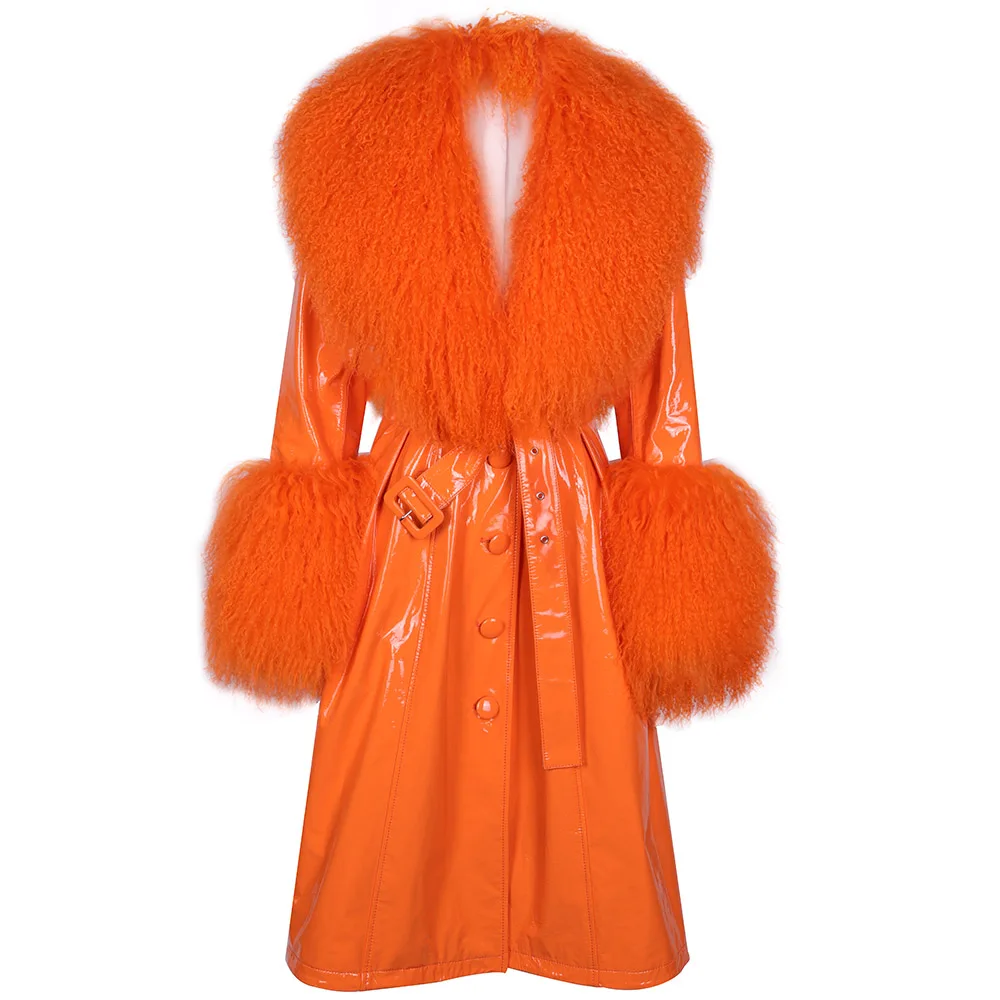 YOLOAgain Plus Size Women Real Fox Fur Collar Genuine Leather Trench Coat Long | Женская одежда