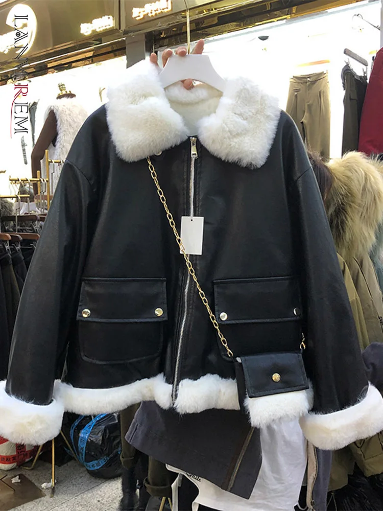 LANMREM 2023 Winter New Pu Leather Coat Patchwork Imitation Fur Long Sleeves Zipper Pockets Fashion Clothing Women 2R4763