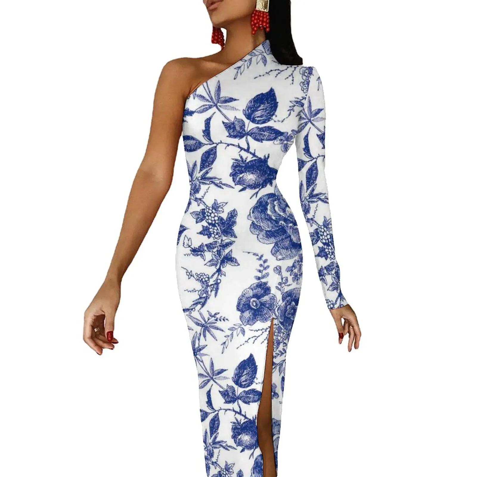 

Butterfly Bodycon Dress Spring Vintage Blue Flower Club Side Split Long Dresses Ladies One Shoulder Pattern Aesthetic Dress