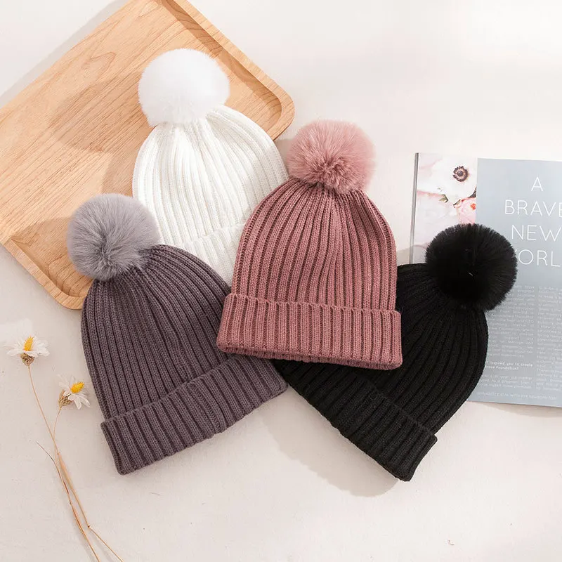 2022 Autumn and Winter New Warm Fluffy Ball Cap Simple All-Match Fur Ball Slipover Knitted Hat Woolen Cap