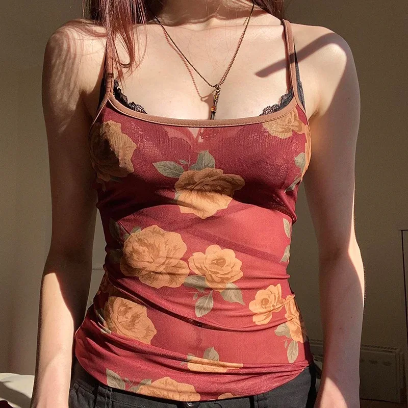 

Y2K кружевной топ с цветочным принтом, сексуальный сетчатый прозрачный топ на бретелях-спагетти, уличная одежда без рукавов, женская одежда
