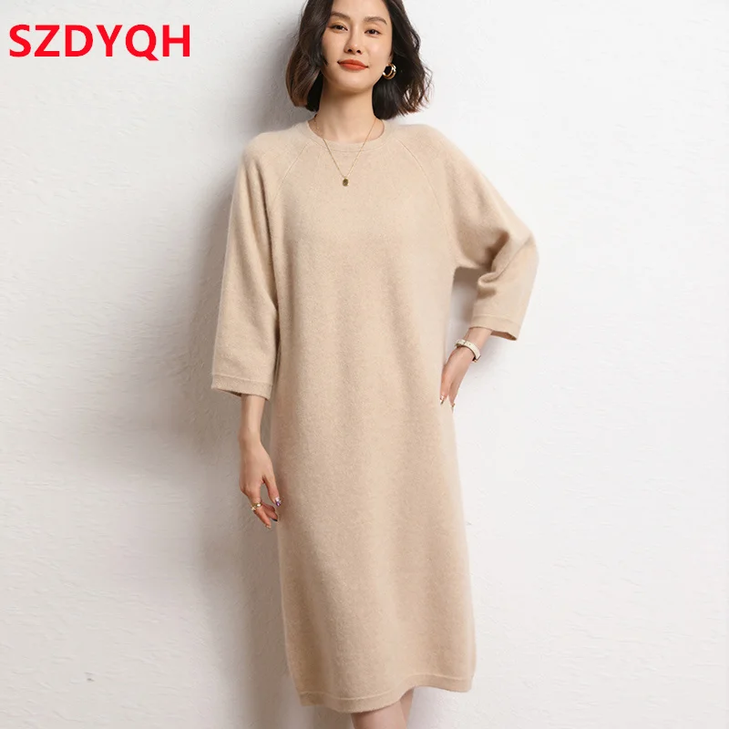 High-end New 100% Cashmere Sweater Long Dress Autumn Winter Women Fashion Knitted Dresses Female Loose O-Neck Thicken Pullover