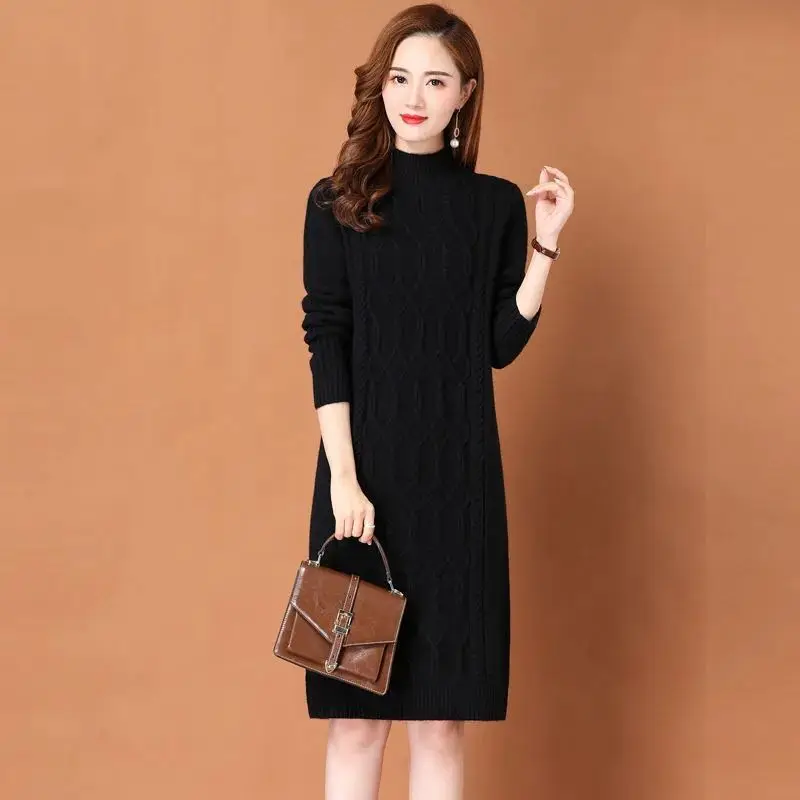 

Женский свитер-платье с ложным воротником, зимний теплый женский джемпер, плотные свитера, однотонный длинный вязаный пуловер, бархатный же...