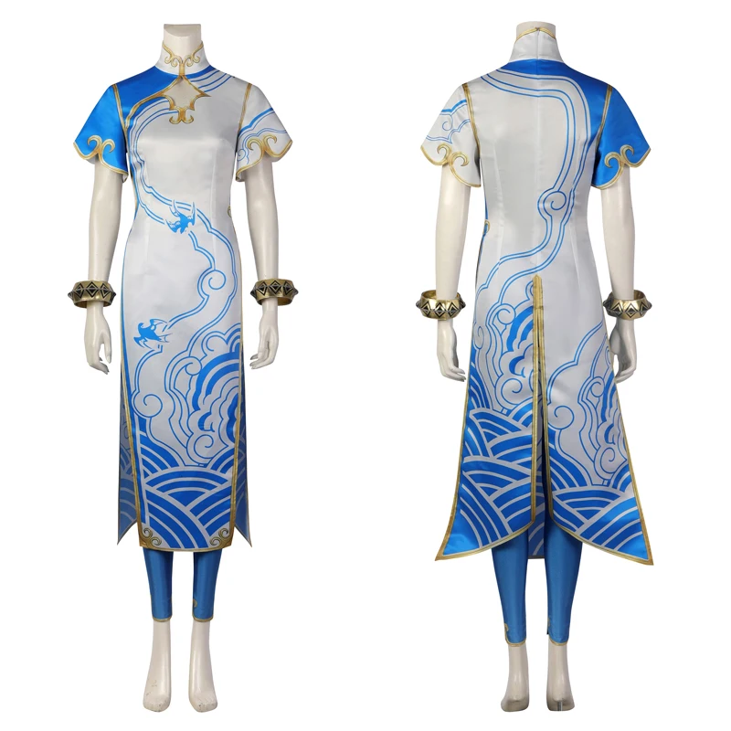 

Game Newest Chun Li Cosplay Costume Fighter White Cheongsam Blue Pants Chunli Suit with Headdress Earrings Game Chunli Costume
