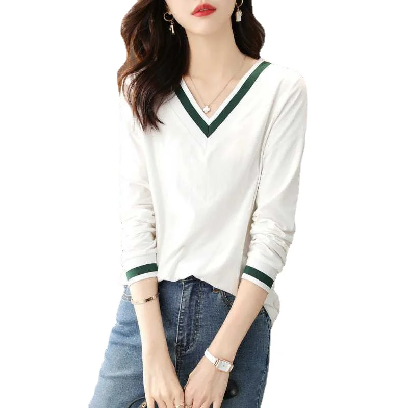 

T-shirt Women's 2022 simple fashion Temperament Long-sleeved All-match V-neck Top hit color Large size pullover elegant sweet