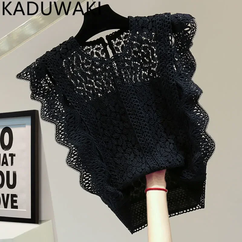 Сплошная цветная ажурная кружевная блузка без рукавов женская винтажная