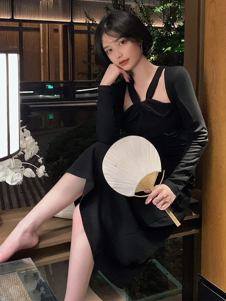 Осеннее французское винтажное элегантное платье женское пикантное вечернее