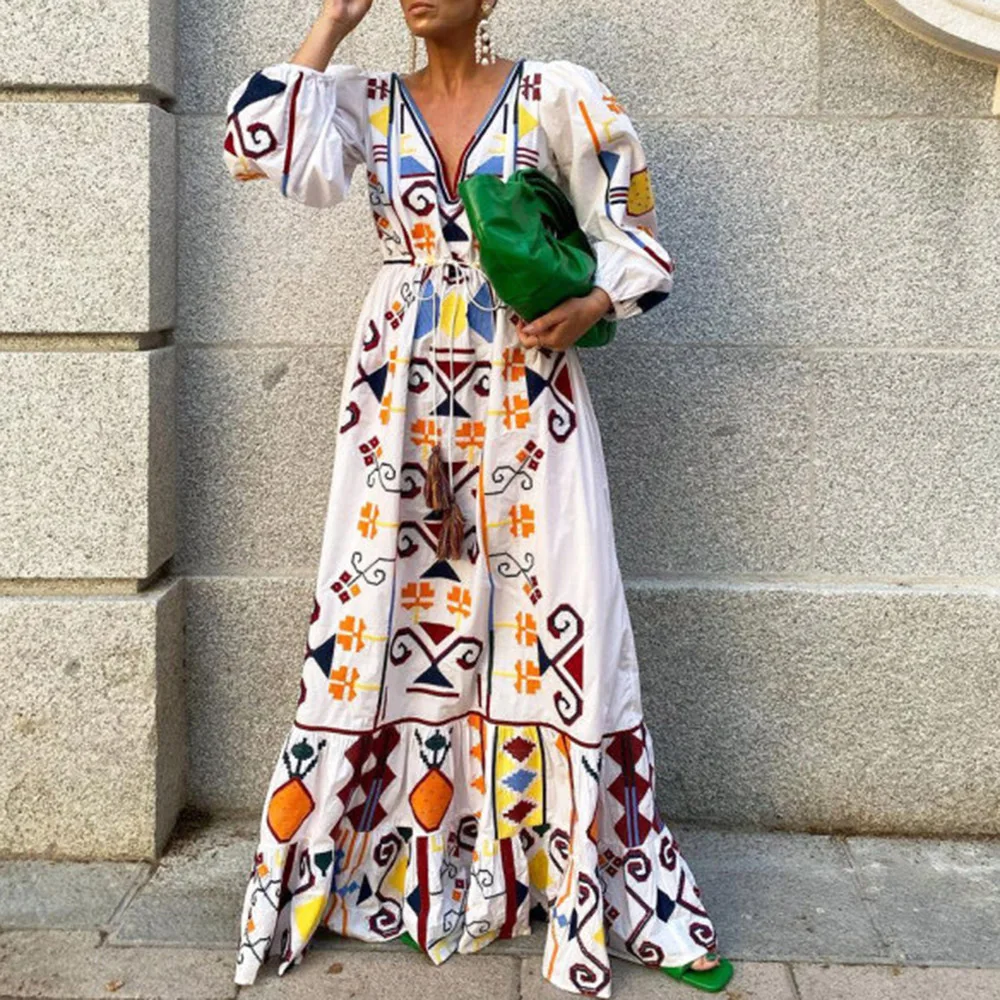 

Pullover Women's Dress Holiday Style Lantern Sleeve Maxi Dress 2022 Spring Summer New Deep V-neck Floor-length Bohemian Dress