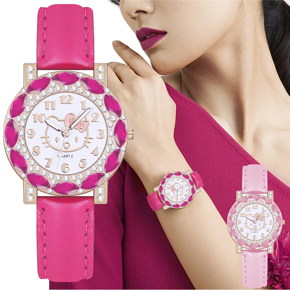 

Luxury Brand Red Diamond Watch For Women Fashion Cute Cat Pattern Quartz Watch Ladies Casual Cartoon Leather Wristwatch Relogio