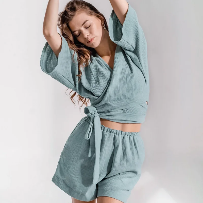 Summer Cotton Women Pajama Short Sleeve Wrap Around Short Shorts Sleepwear 2 Piece Set Double Yarn Fashion Women's Home Clothes