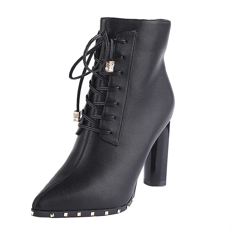 Pointed Rivet PU Leather Cross Strap Women's Boots Short Ankle Boots Martin Boots Black Shoes Lace Up Boots Woman Winter 2023