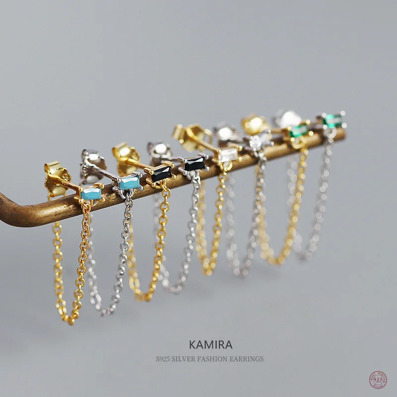 

KAMIRA 925 Sterling Silver Vintage Link Chain Square Green Zircon Pendant Stud Earrings for Women Party Unique Jewelry Gift 2022