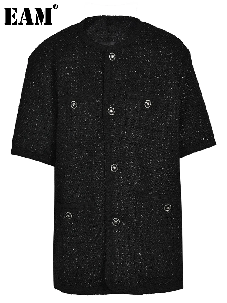 

[EAM] Loose Fit Black Tweed Big Size Elegant Jacket New O-neck Half Sleeve Women Coat Fashion Tide Spring Autumn 2023 1DF9359