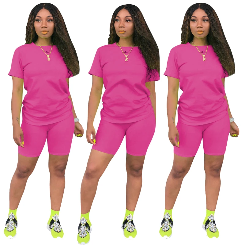

Summer Sports Set Women Casual Jogging Short Sleeve Round Neck T-shirt Tightening Waist Shorts Simple Solid Color Two Piece Set