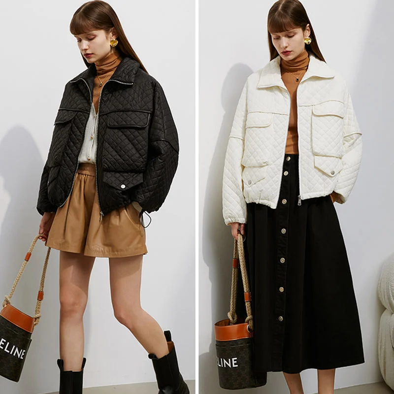 Diamond Lattice Double Pocket Autumn Winter Clothing 2022 New Korean Version Loose Cotton Padded Women Parkas Jacket Coat