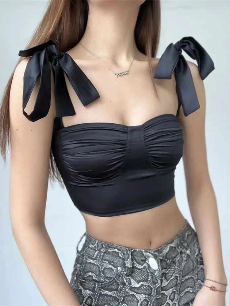 

Strap Crop Top Women Sexy Sleeveless Solid Slim Fashion Korean Y2K Tops Summer Streetwear Short Camis Elegant Bow Hot Girl 2022