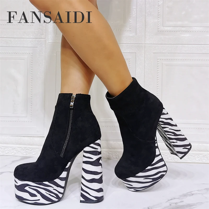 

FANSAIDI 2022 Fashion Winter Zipper Platform Block Heels Ankle Boots Platform Matin Goth Female Boots Big Size42 43 44 45 46 47