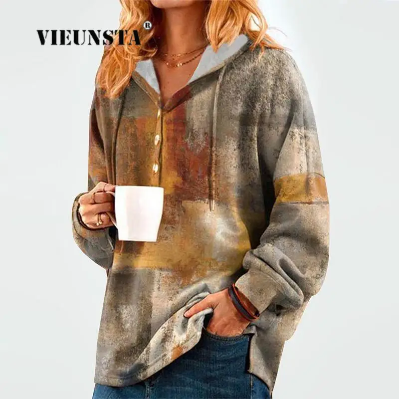 

Женские осенние пуловеры на пуговицах, свободные винтажные уличные свитшоты с капюшоном, повседневные толстовки большого размера с длинным рукавом и принтом