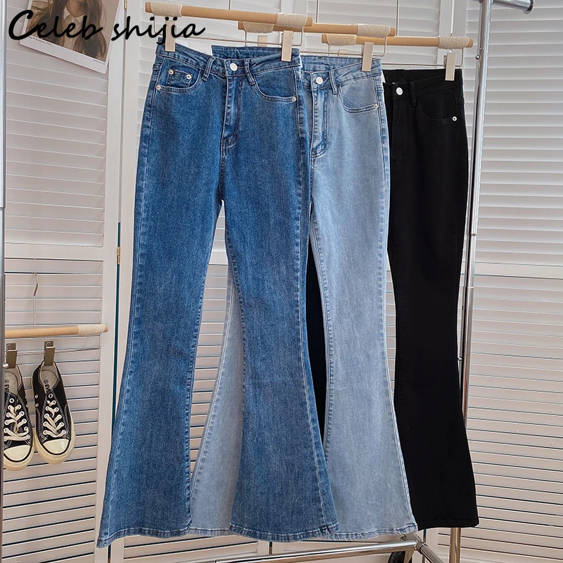 

Dark Blue Wide Leg Jeans Women Elastic Denim High Waist Y2k Korean Bell Bottom Jeans Women Street Summer Fall Flare Pants