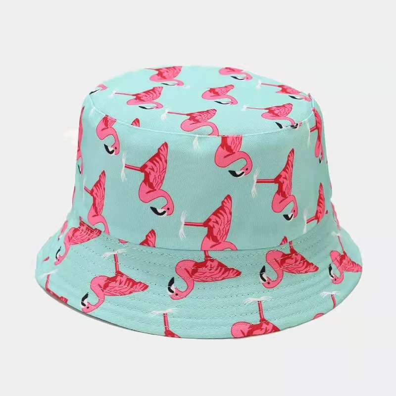 

New Unisex Double-sided Bucket Hat Women Flamingo Print Flat Brim Fisherman Cap Fashion Outdoor Hop Sunshade Panama Hats