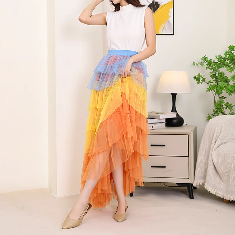 

Двойная контрастная Асимметричная Лоскутная сетчатая юбка с высокой талией и тонкой многослойной длинной юбкой