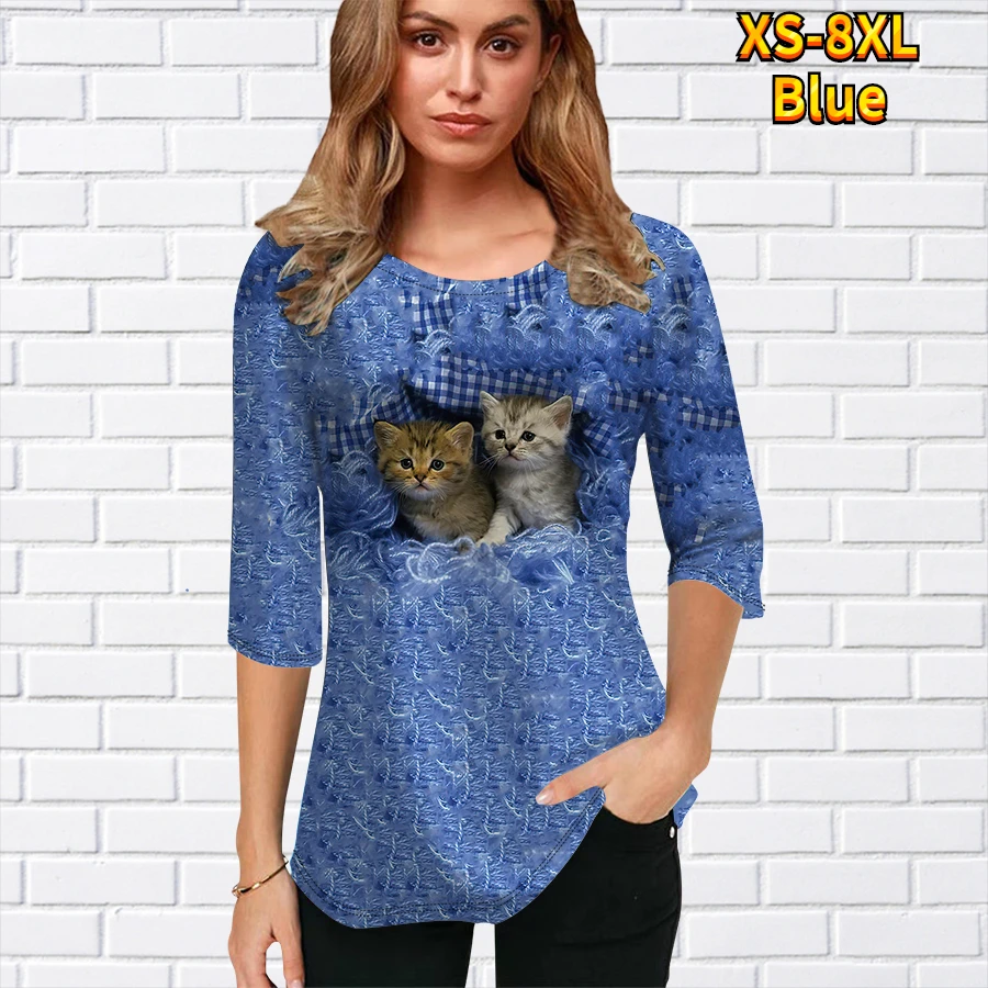 

2022 Women Elegant Top Casual Pullover Round Collar Half Sleeve Tee New Vintage Cat Print T-shirt Simple Pullover Autumn Winter
