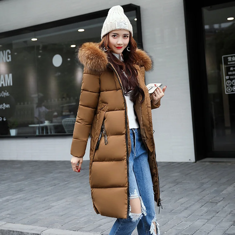 2023 Women's Down Parkas Winter Jacket Big Fur Collar Thick Slim Coat Fashion Hooded Cotton Outerwear Long Winter Woman Coat