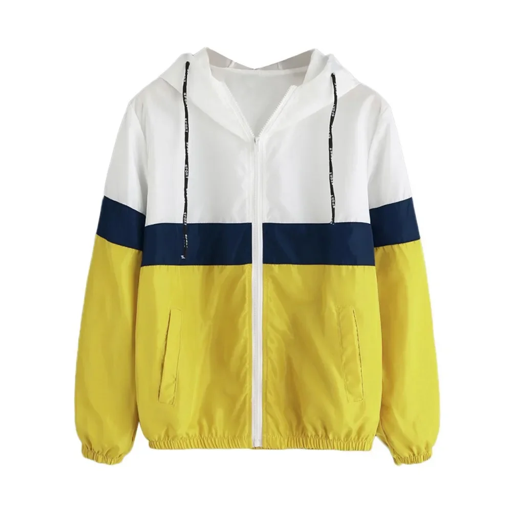 

Women's Hooded Jacket Patchwork Windbreaker 2022 Multicolor Sunscreen Female Casual Long Sleeve Coat Pocket Cloth Tops