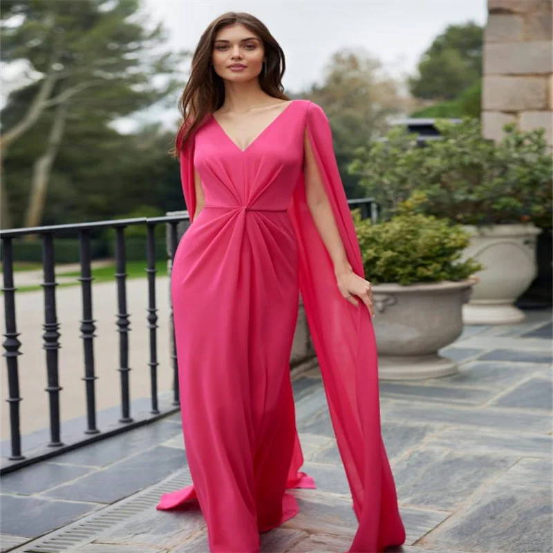 

MULONG Elegant Fuchsia Saudi Arabia Prom Dresses Chiffon V Neck With Cape Long Evening Dress Formal Women Dubai Party Gowns 2023