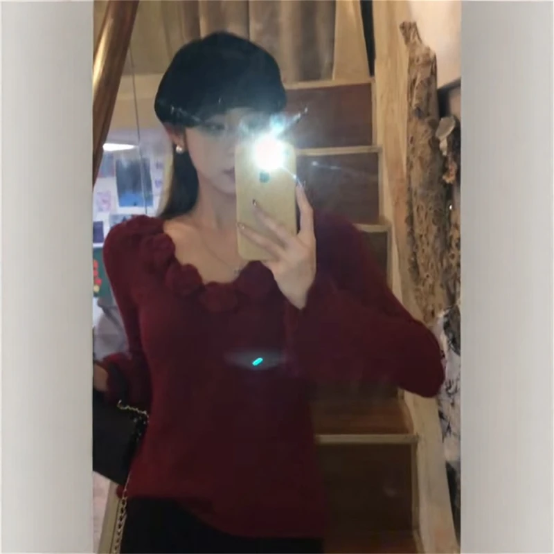 Korean Series Christmas Red V-neck Flower Sweater Women Autumn and Winter Inner wear Top Unique Chic Slim fit Bell Sleeve Knit