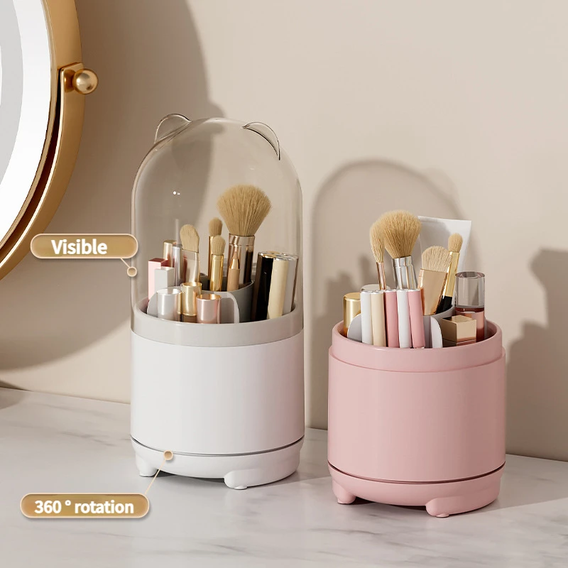 

360 Degree Rotating Makeup Organizer Desktop Cosmetic Brushes Organizer Dust-proof Lipstick Eyebrow Pen Eye Shadow Brush Holder