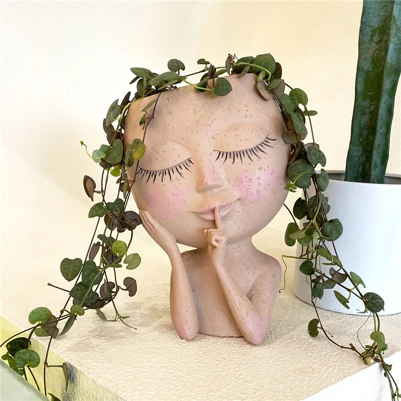 Горшок для цветов с лицевой головкой девочек контейнер суккулентов из смолы