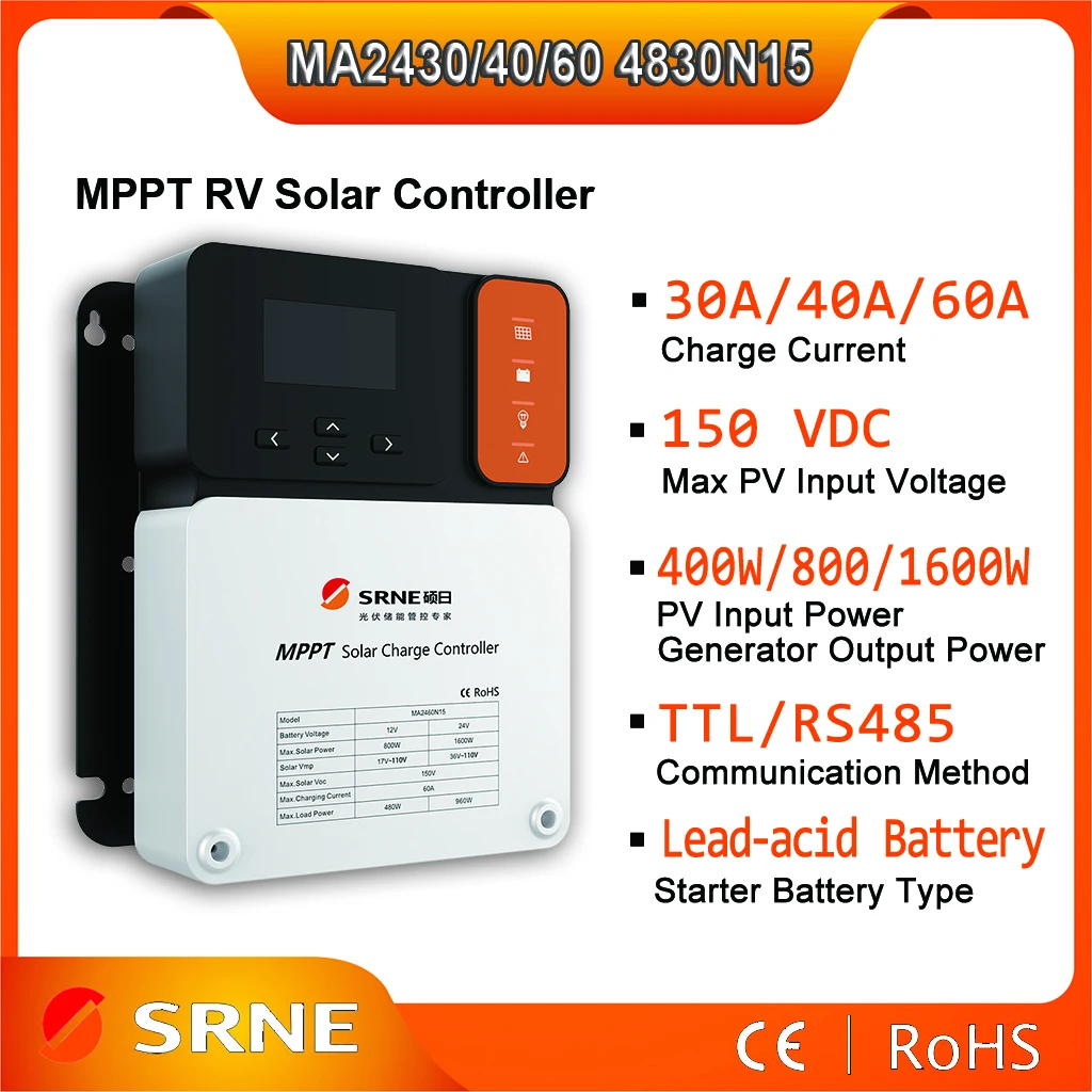 

Регулятор солнечного заряда SRNE MA Series MPPT 30 А 40 А 60 А, регулятор солнечного заряда RV PV 12 В 24 в 36 в 48 в, максимальный вход PV 150 в с параллельной функ...