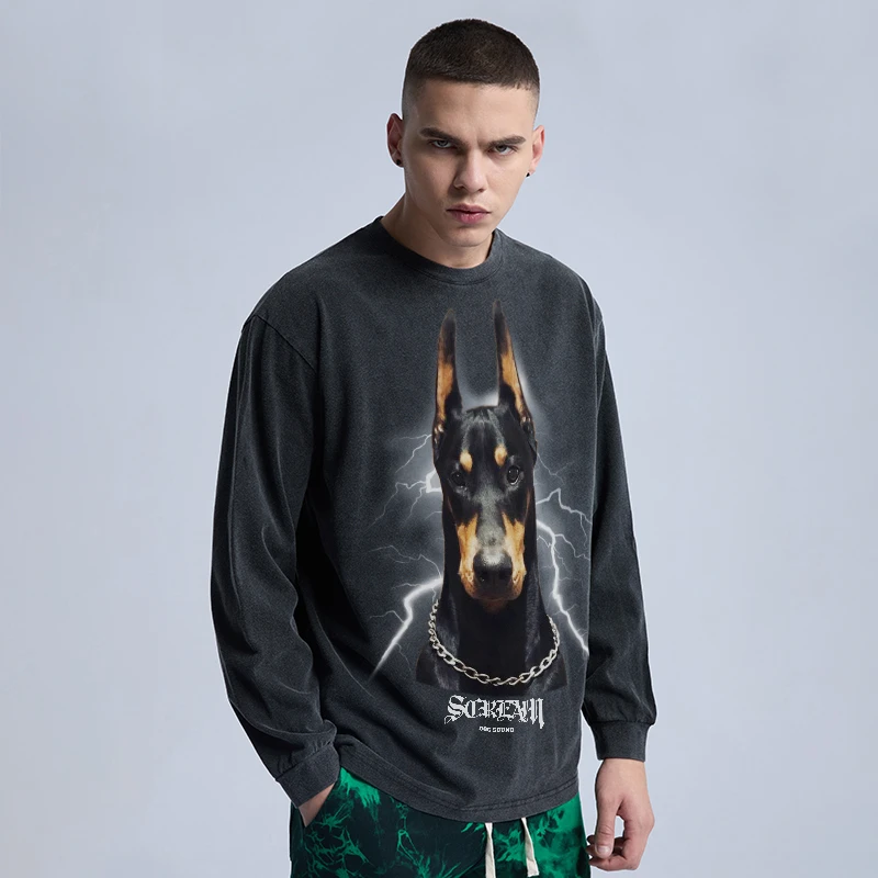 

Colorich High Street Harajuku Retro Doberman Tshirt Printed Fashion Long Sleeve Streetwear Essentials Tops Loose Men Y2K Clothes