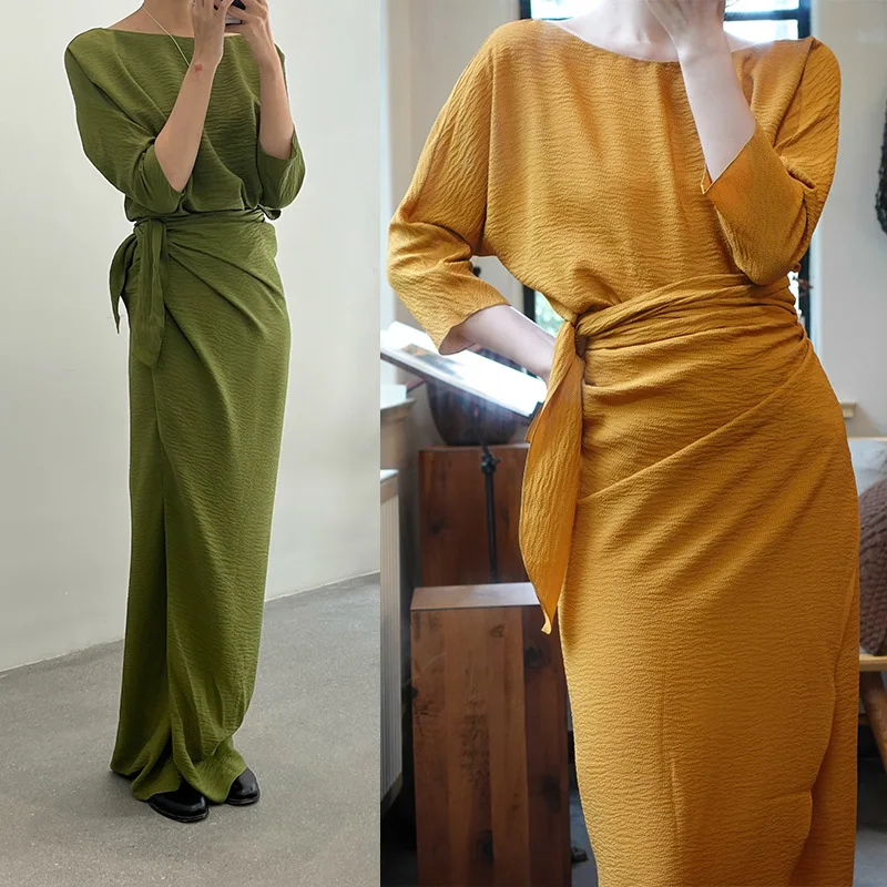 2023 Summer New Silk Texture Soft Wrap Tie Women Long Dress