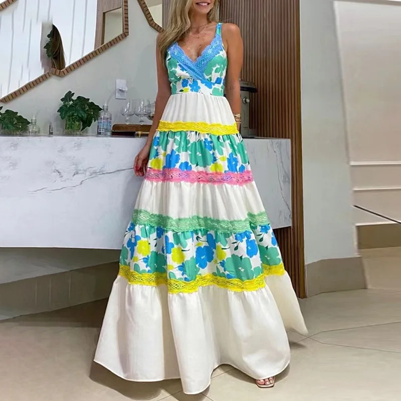 SaintDaisy Summer Dress 2022 Maxi Dresses for Women Big Size Vintage Floral Zipper Printing  Beach Style Spaghetti Strap 55666