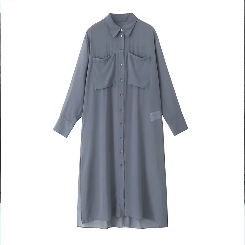 

Женское повседневное свободное Полупрозрачное платье-рубашка средней длины с карманами и длинными рукавами, платье на пуговицах в стиле ретро, 2023