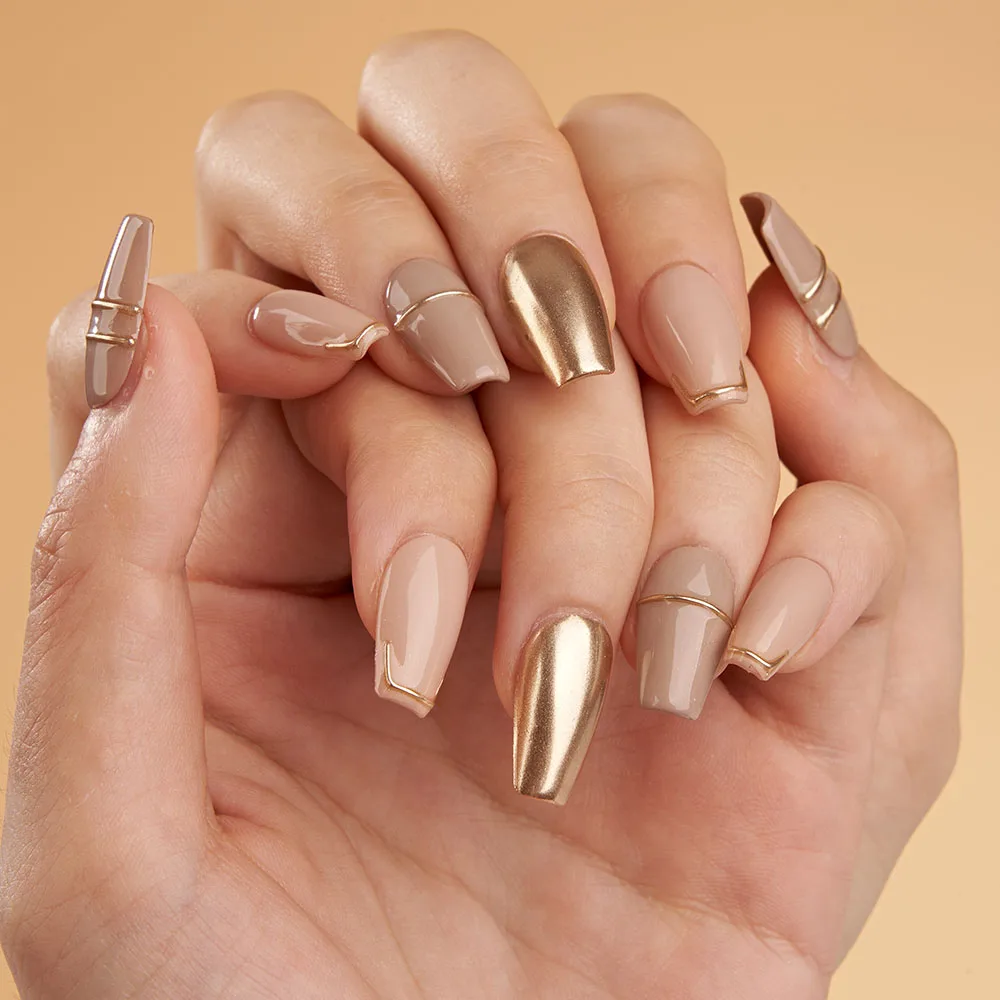 

Искусственные накладные ногти, однотонные, ручной работы, короткие ногти, полное покрытие, профессиональные ногти золотого цвета, многоразовые ногти для дизайна ногтей