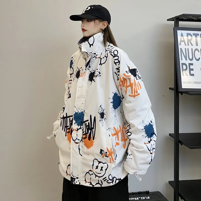 Autumn and Winter New Women's Double-Sided Flannel Cotton Clothing College Style Loose Collar Cartoon Printed Cotton Jacket Warm