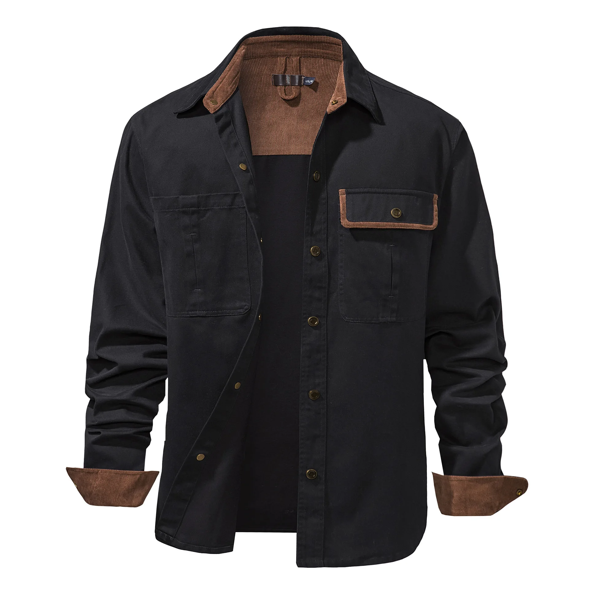 US Size Men's Loose Splice Corduroy Washed Cotton Shirt European and American Metal Button Long Sleeve Shirt 2022 Winter Shirt