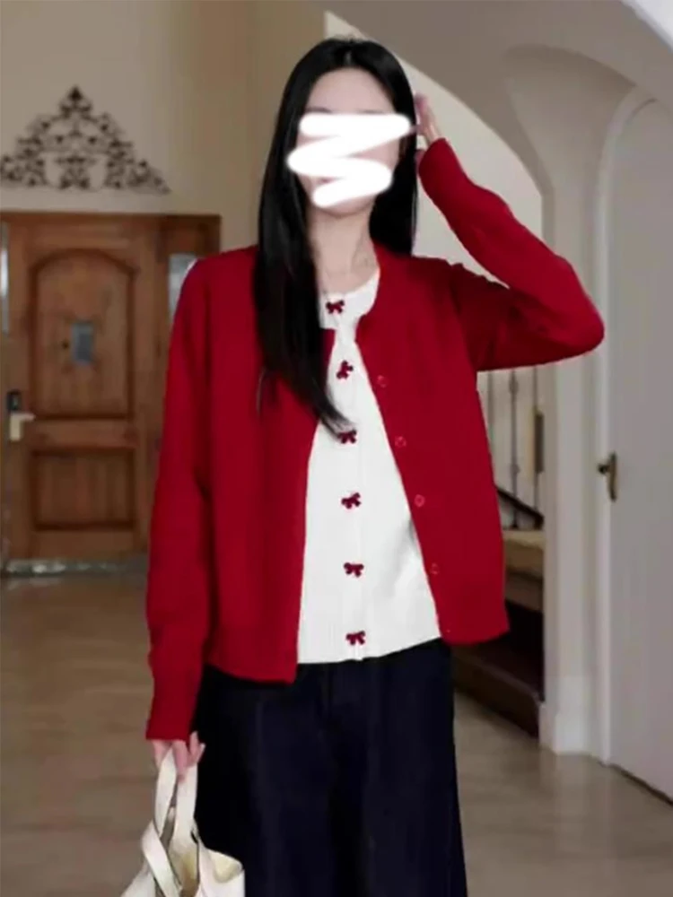 Рождественский вязаный кардиган с красным бантом в стиле пэчворк женский