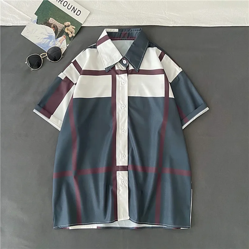 

DUOFAN Summer Men Women Shirts Short-sleeve Harajuku Japanese Fashion Loose Plaid Shirt Beach Style Female Blouses Free Shipping