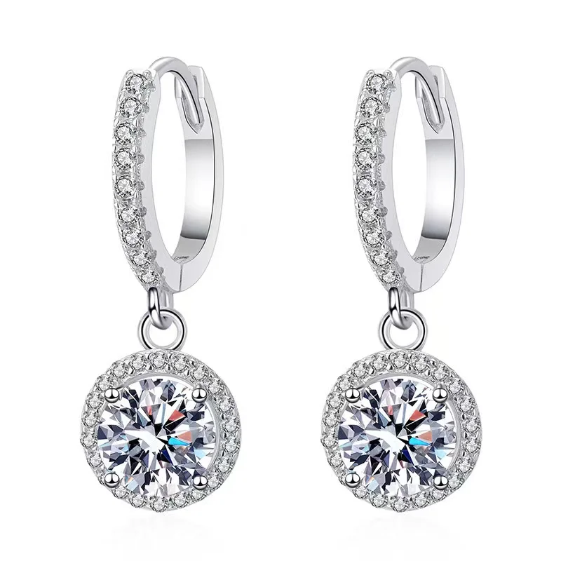 

Iced Out Round Brilliant Moissanite Drop Earrings S925 Silver D Color 1-2ct Moissanite Diamond Huggie Earrings Platinum Plated