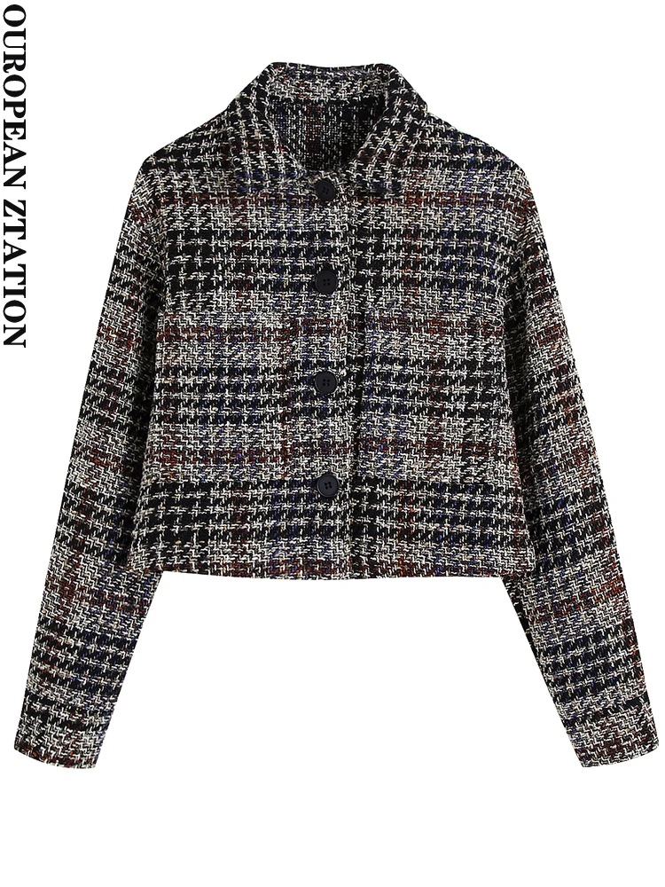 

PAILETE Women 2022 fashion checked textured cropped blazer coat vintage lapel long sleeve female outerwear chic veste