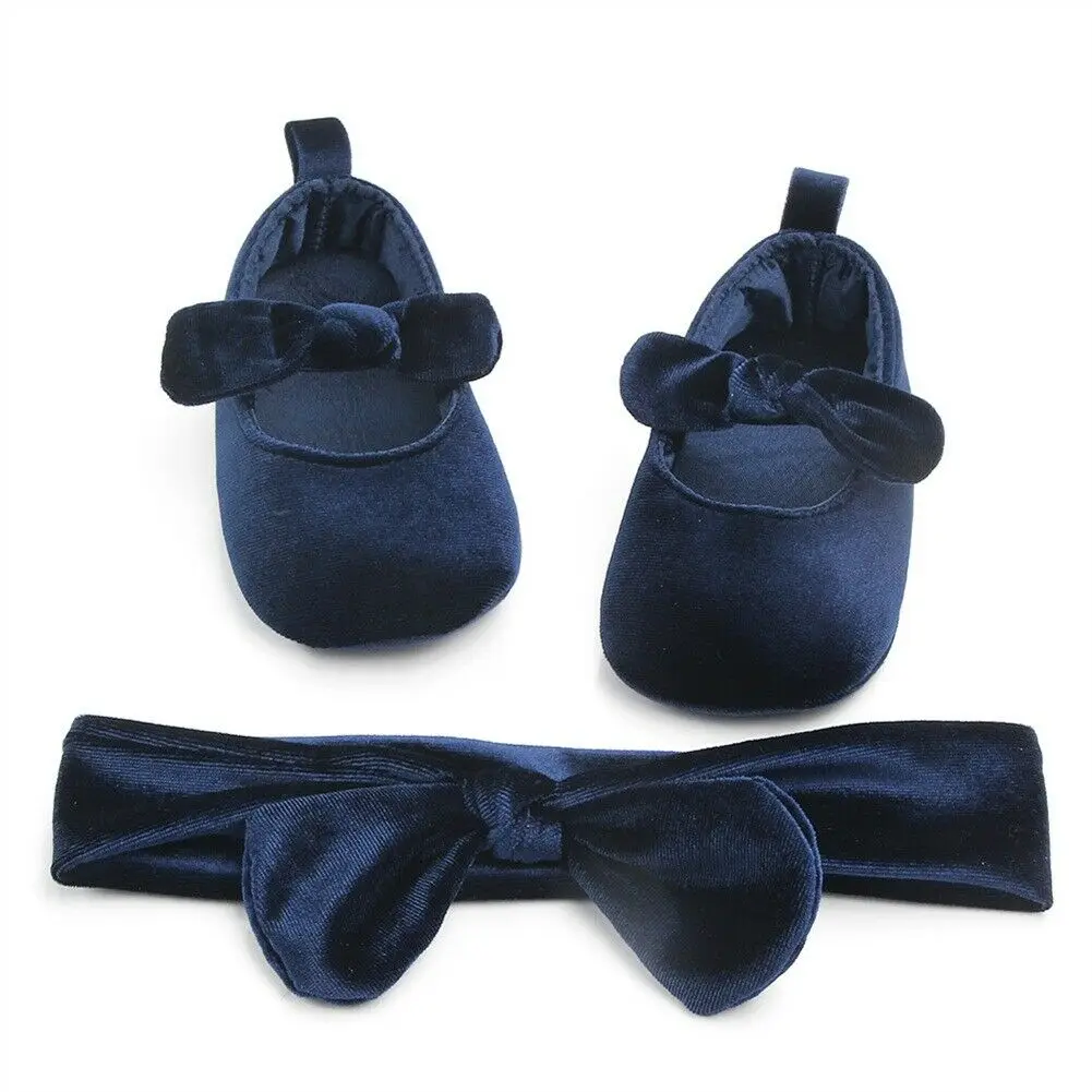 

Newborn Infant Baby Girl Bowknot Velvet Crib Shoes Cute Solid Color First Steps Non-Slip Soft Sole Shoes Prewalker Hairband Set