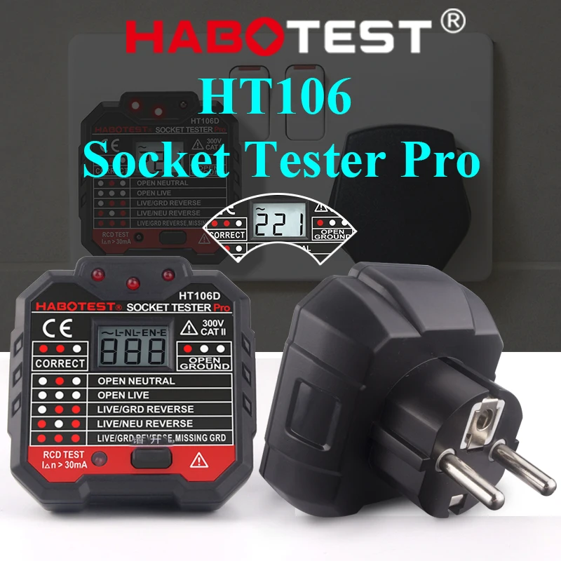 

HT106 Digital Socket Tester Pro Voltage 30mA RCD Test Smart Detector EU US UK Plug Ground Zero Line Polarity Phase Check