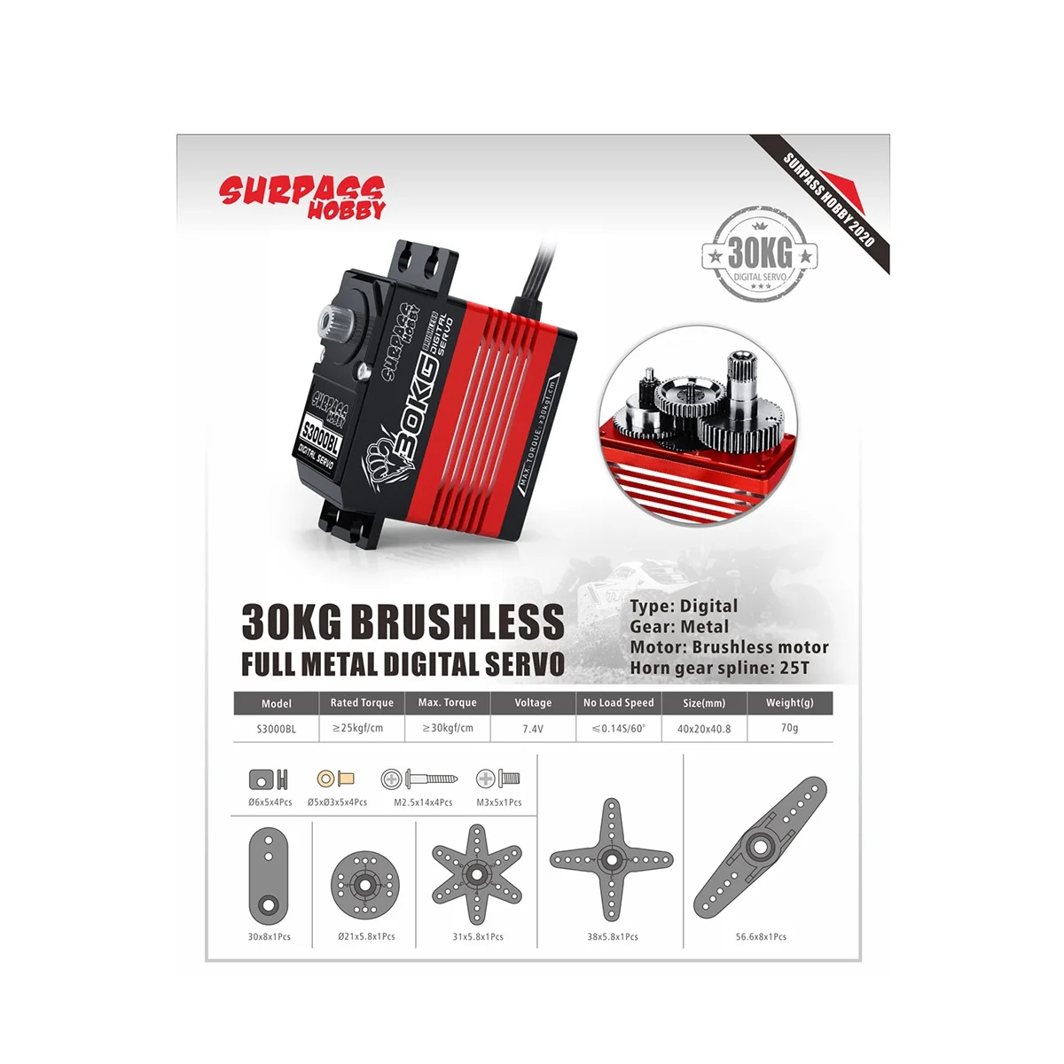 Цифровой сервопривод Surpass Hobby S3000Bl 30 кг с алюминиевым корпусом